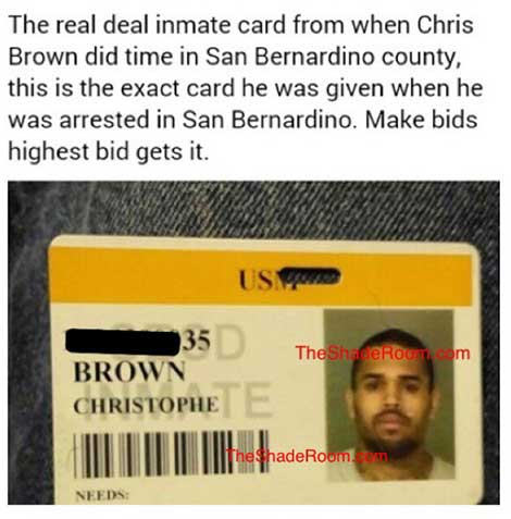Chris Brown Inmate Card For Sale