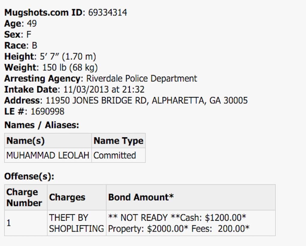 leolah brown muhammad arrest record